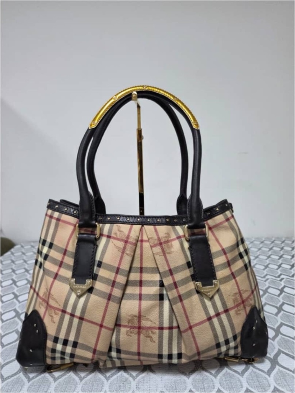 Authentic Burberry Haymarket Check Leather-Trim Shoulder Bag Brown/Beige